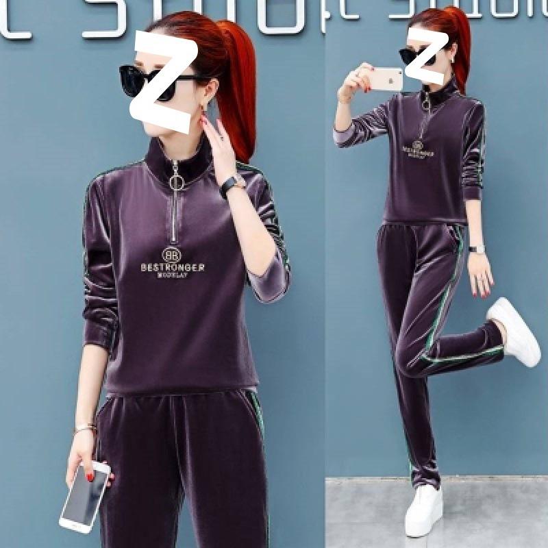 Gold Samt Set - Damenmode Frühling/Sommer Rundhals Freizeit Sportbekleidung Pullover Set aus zwei Teilen