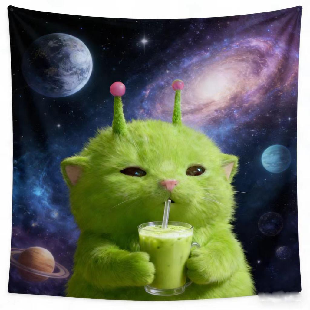 Kawaii Green Alien Cat Tapestry with Cosmic Galaxy Design Wall Hanging for Unique Aesthetic Room Decor