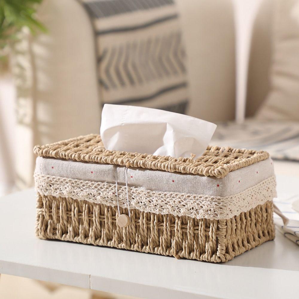 Household Napkin Case Hand Woven Tissue Box Cover Rustic Napkin Paper Organizer  Bathroom