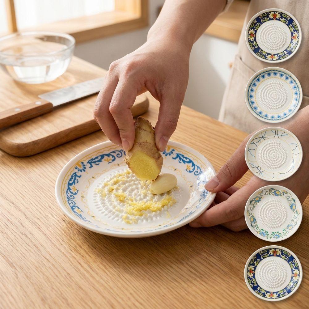 2-in-1 Ceramic Ginger Grater Wear-resistant Floral Glaze Manual Garlic Masher Quickly Release Mud Non-Slip Fruit Grater Plate