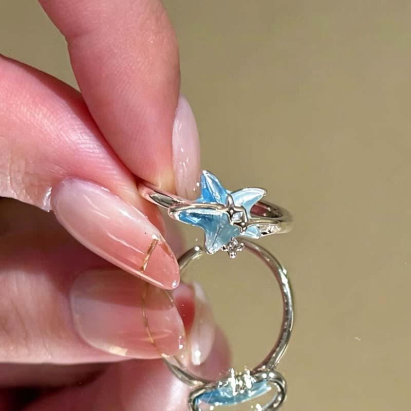 Sea Salt Milk ~ Blue Starfish Shell Ring, Women's Seaside Vacation Style, Stackable Niche Design, Index Finger Ring