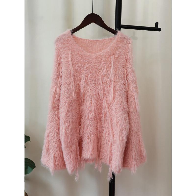 Imitation mink velvet fringed design sweater pullover women's autumn and winter new loose soft waxy knitted sweater top