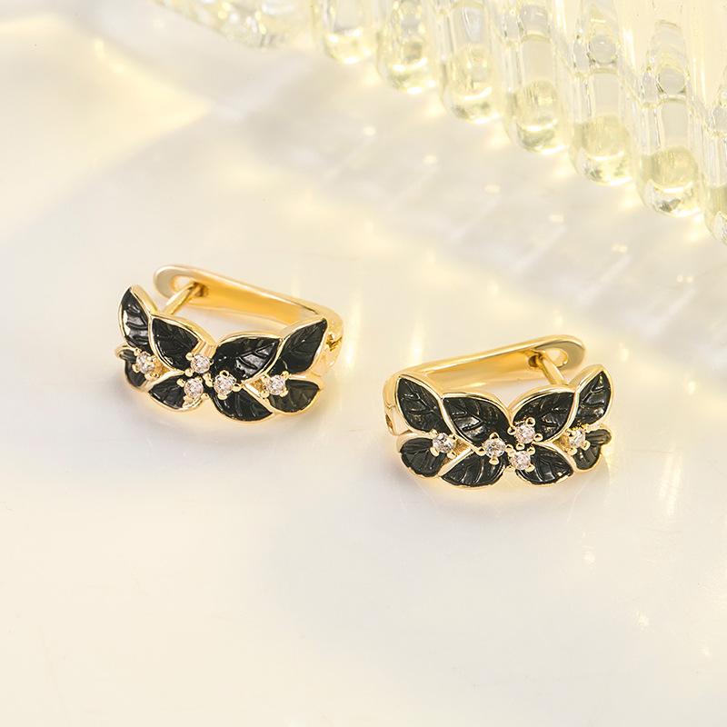 Solid 18k Gold Aros Mujer Oreja Earring For Women Fine Real 18k Yellow Gold Obsidian Orecchini Stud Earring Gemstone Bizuteria