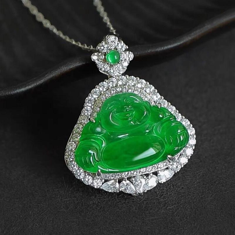 S925 Silver Pendant: Natural Jade Maitreya Buddha Necklace, Full Green Design.