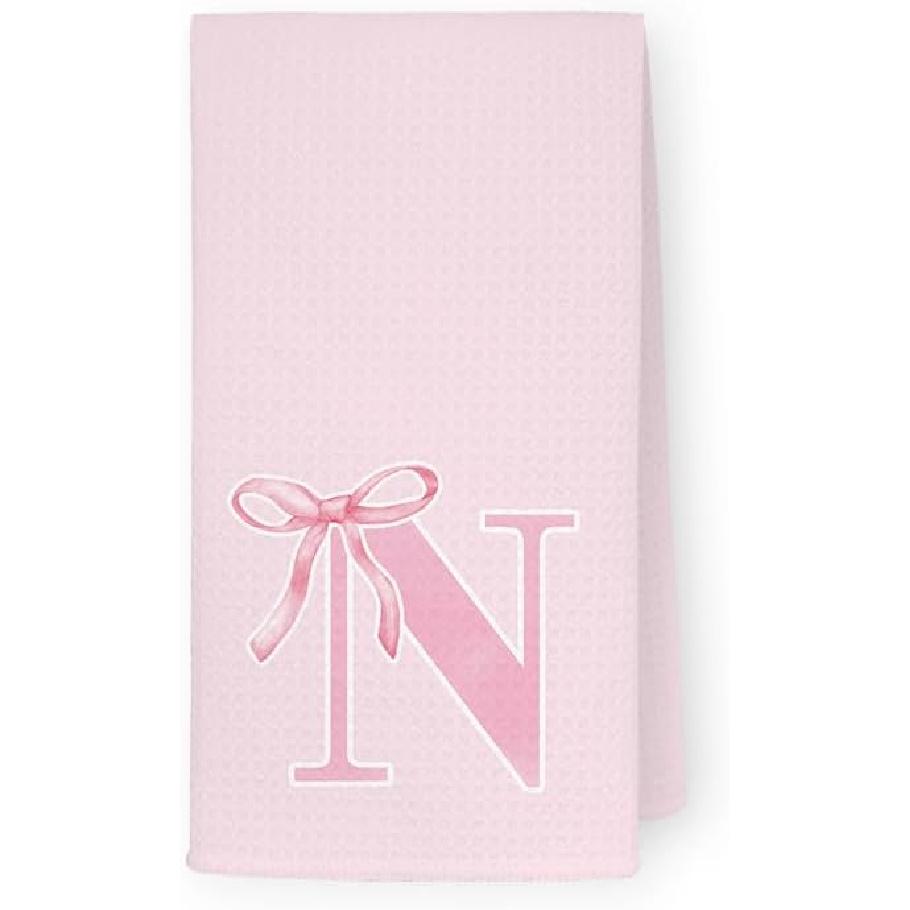 Coquette Pink Bows Personalized Kitchen Towels, Initial K Letter Decor, Pink Monogrammed Hand Towels for Bathroom, Sweet Dish Towels for Kitchen
