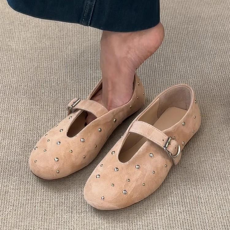 Soft leather version~ frosted leather shallow mouth small single shoes women's retro rivet round head Mary Jane shoes flat comfortable grandma shoes