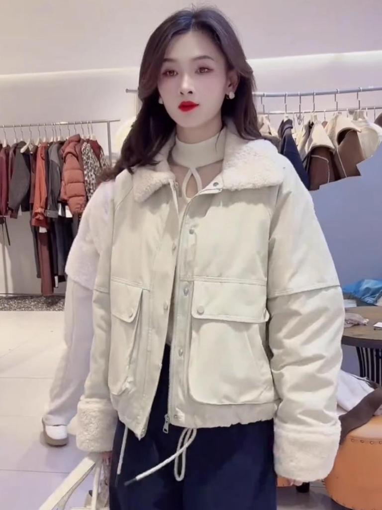 Women's 2024 Winter Korean-Style Lambswool Collar Fleece-Lined Jacket - Casual, Loose, Slimming Parka Top