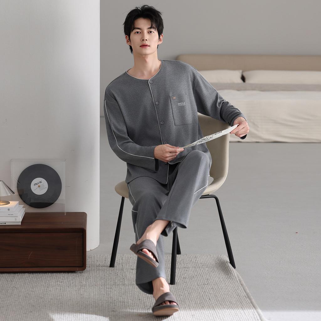 Men's pajamas pure cotton long-sleeved spring and autumn 1011 new casual and simple men's loungewear suit
