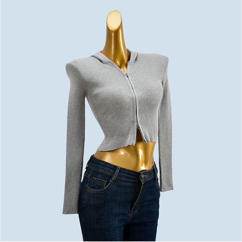 Export Yuan Single and Double Zipper Short Slim-Fit Knitted Cardigan Sweater Women's Spring and Autumn Stylish Trendy Long Sleeve Top