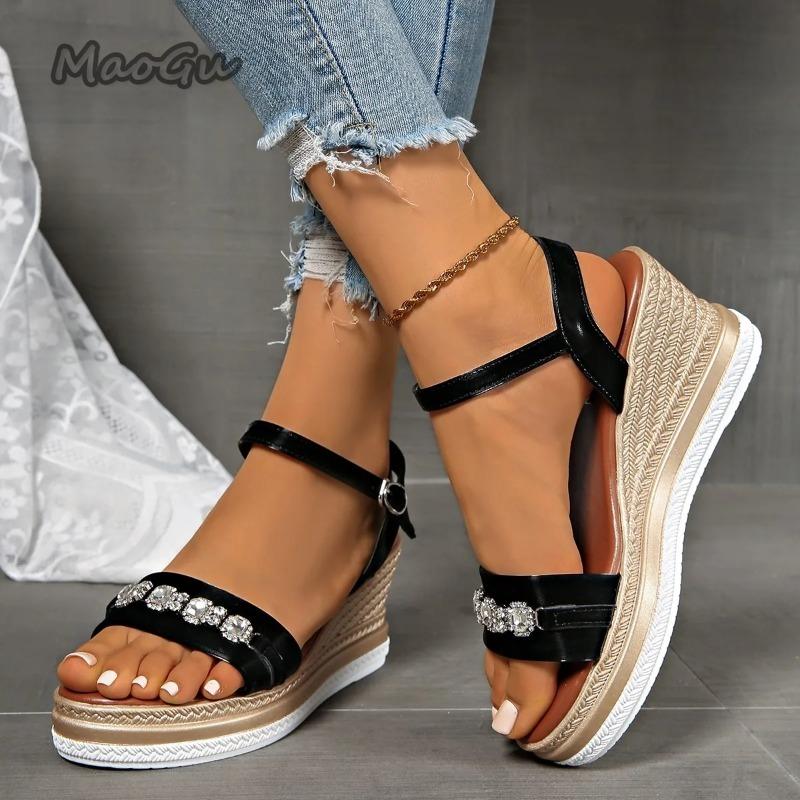 Fashion Shiny Crystal Chain Wedges Sandals for Women Fashion Ankle Buckle Chunky Platform Shoes Summer Thick Sole Non Slip Shoes Size35