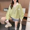 Spring Summer Contrast Lacing Loose T-Shirts Polo Neck Long Sleeve Patchwork Tops Tees Casual Women Clothing
