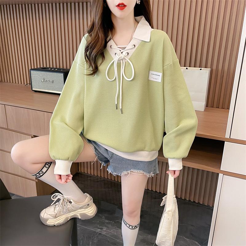 Spring Summer Contrast Lacing Loose T-Shirts Polo Neck Long Sleeve Patchwork Tops Tees Casual Women Clothing
