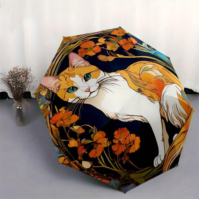 Art Nouveau Cat with Flowers Circular WallArt PrintUmbrella, Portable 3-Fold Compact Umbrella for Men & Women Gift