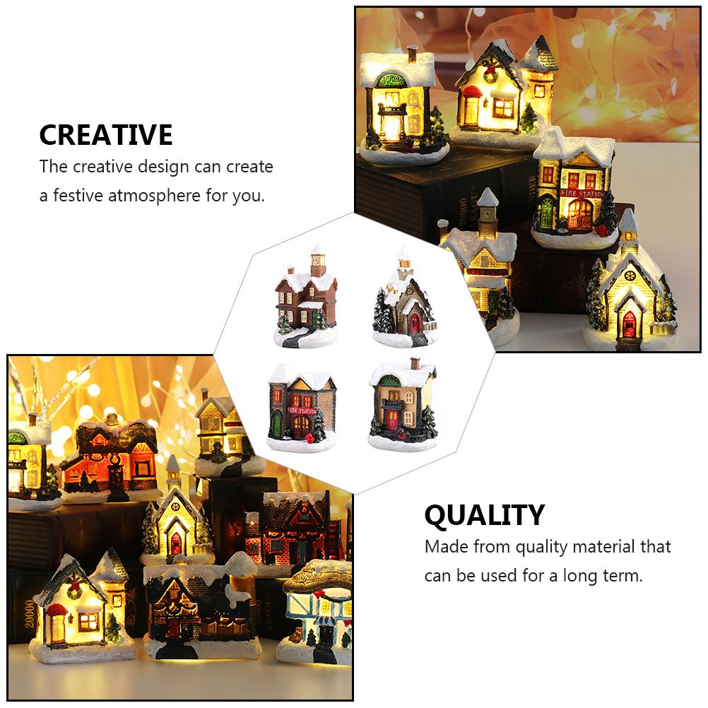 4Pcs Luminous Resin Small House Christmas Decor Colorful Desktop Ornaments Charming Xmas Party Decoration Adorn