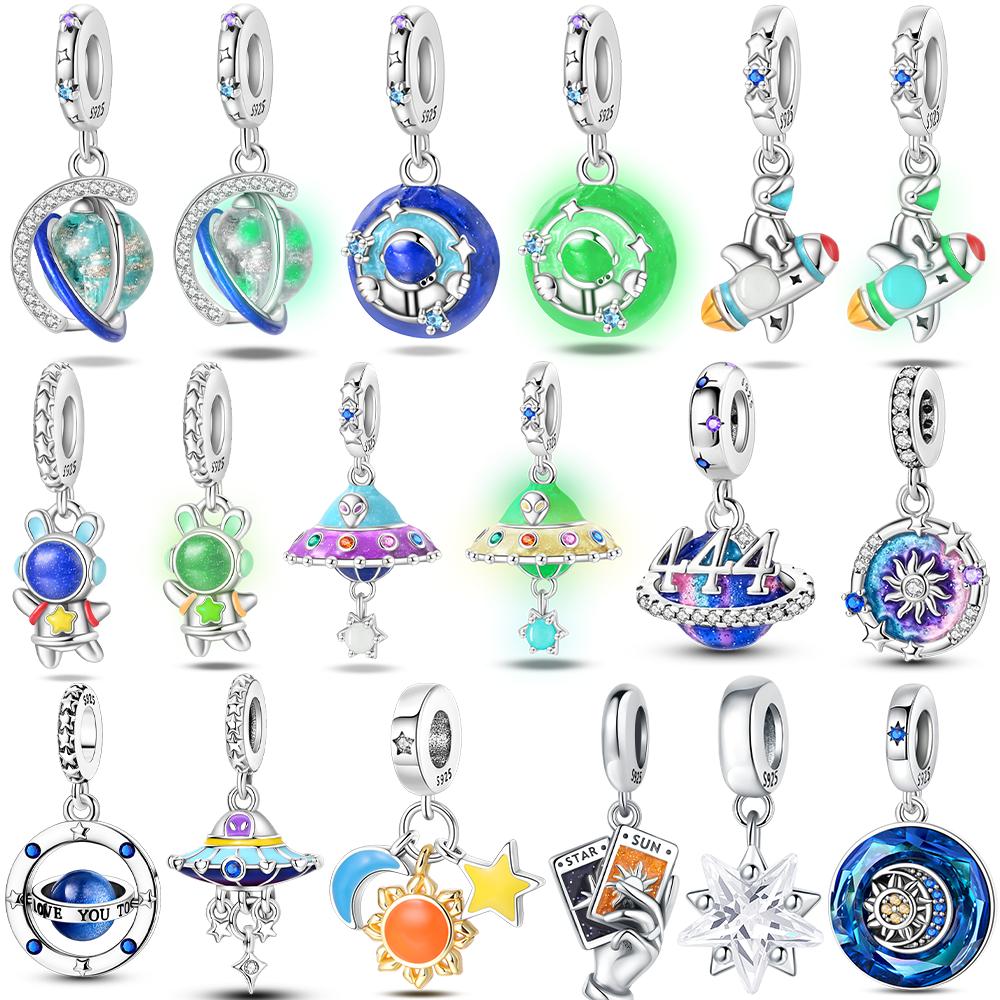 Charms Copper Original Astronauts' Night-Light Solar Rocket Moon Stars Beads Fit Bracelet Women Jewelry Diy Necklace Gift