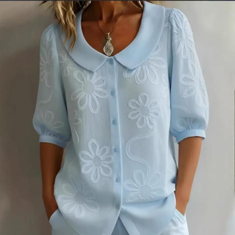 Elegante Camicia Ricamata con Fiori Casual Larga Retro Bottoni Manica Corta Colore Bambola Blusa Casual Monocolore Dolce Moda Ufficio Top Basici