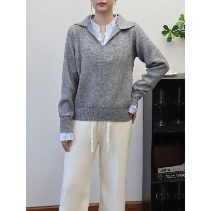 Autumn and winter new splicing contrasting color fake two-piece knitted sweater top loose design sweater pullover woman