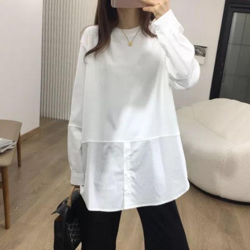 

Белая футболка с рукавами-рубашками в стиле пэчворк, женская осенне-зимняя свободная базовая рубашка средней длины со стильным дизайном, блузки и рубашки с длинными рукавами 3XL белый