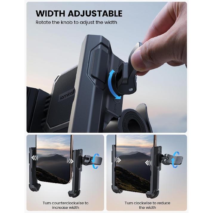 Lamicall Motorcycle Bike Phone Mount - [No Block Camera] [1S Lock] Bike Cell Phone Holder Clamp, Bicycle Scooter Handlebar Clip, For IPhone 17 16 15