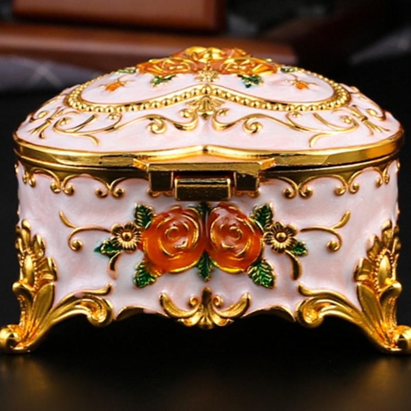 Heart Shaped Jewelry Box with Rose Embossed Lid, Zinc Alloy Storage Case for Vanity Display, Jewelry Storage and Gifts