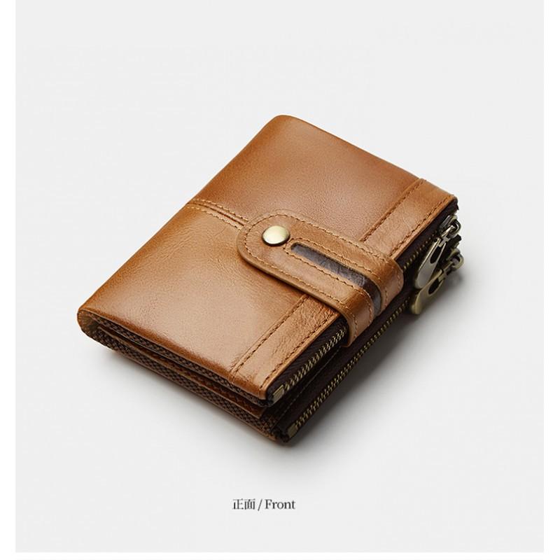 Men's Short Leather Zipper Coin Purse European American Retro Cowhide RFID Anti-theft Brush Wallet
