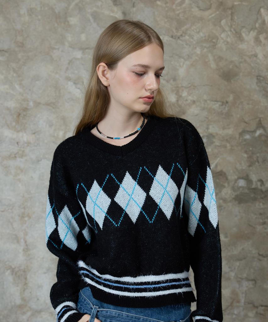 LARTIGENT L13 Argyle V-Neck Knit(Black)
