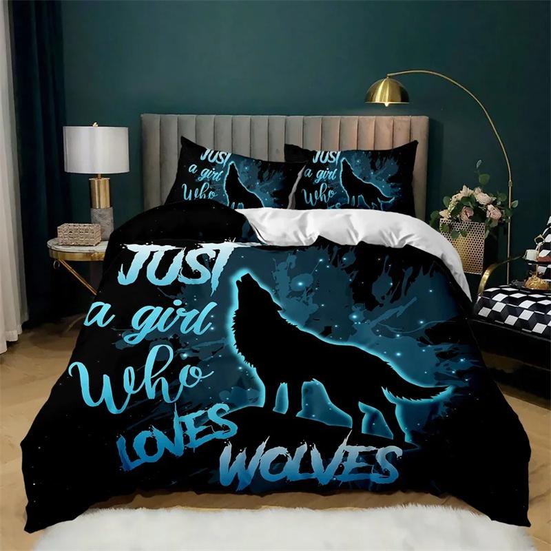 Cartoon Duvet Cover Set Howling Wolf In The Moonlit Night Bedding Set Polyester Just A Girl Who Loves Wolves Pattern Quilt Cover