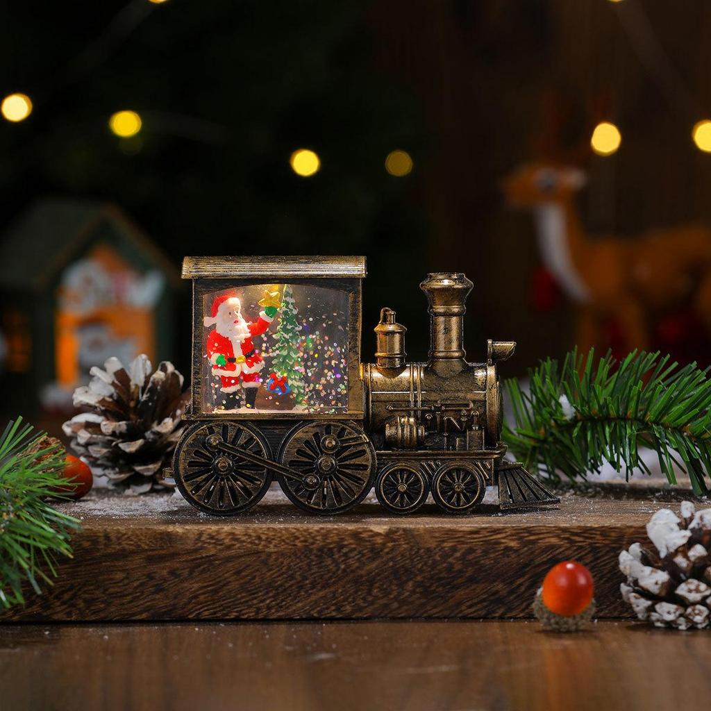 Creative Gold-Brushed Christmas Locomotive Ornament with Luminous Water-Filled PVC Night Light