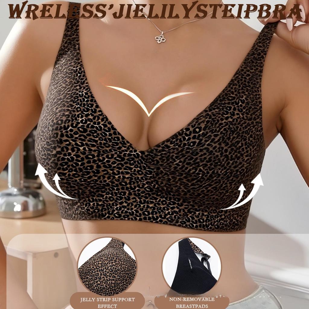 Jelly Strip Leopard Print Sexy Bra Push‑Up Shapewear Underwear Shock‑Absorbing Soft Support Side‑Smoothing Thin Cup Brassiere