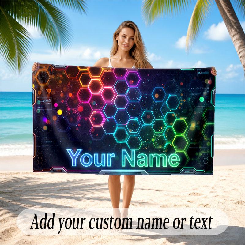 Abstract Geometric Theme Soft Beach Towel Personalized Custom Name Text Towel Portable for Beach Pool Travel