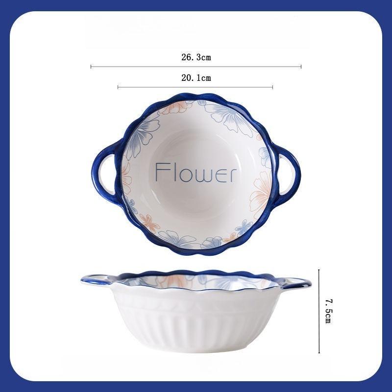 Ceramic Household 10 Inch High Aesthetic Double Ear Soup Bowl Anti Scald Relief Soup Bowl Underglaze Color Process