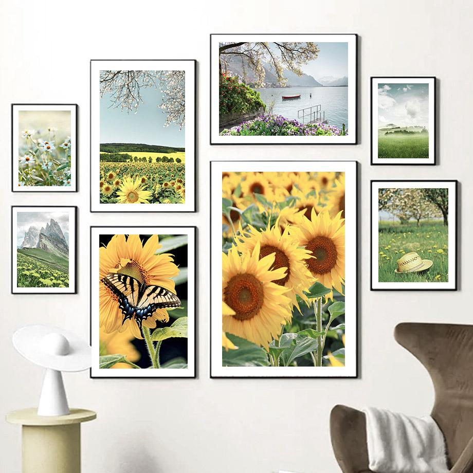 Sunflower Butterfly Mountain Lake Flowers Wall Art Canvas Painting Nordic Posters And Prints Wall Pictures For Living Room Decor