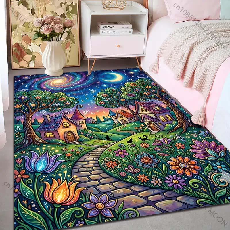 1PC Dreamy village starry path Print Carpet Rug for Living Room Bedroom Sofa Doormat Home Decor Non-slip Floor Mat