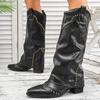 Fashion Women's Autumn New Large-sized Mid-heel Women's Boots, British-style Fashion Boots with Rivets and Knee-length Boots