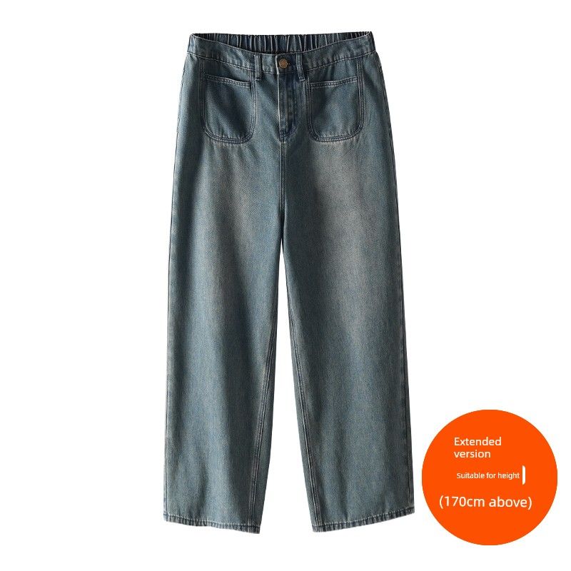 

Plus size women clothing [Trendy Match Jeans] Three Pants Length Hong Kong Style Pocket Design High Waist Straight Wide Leg Pants