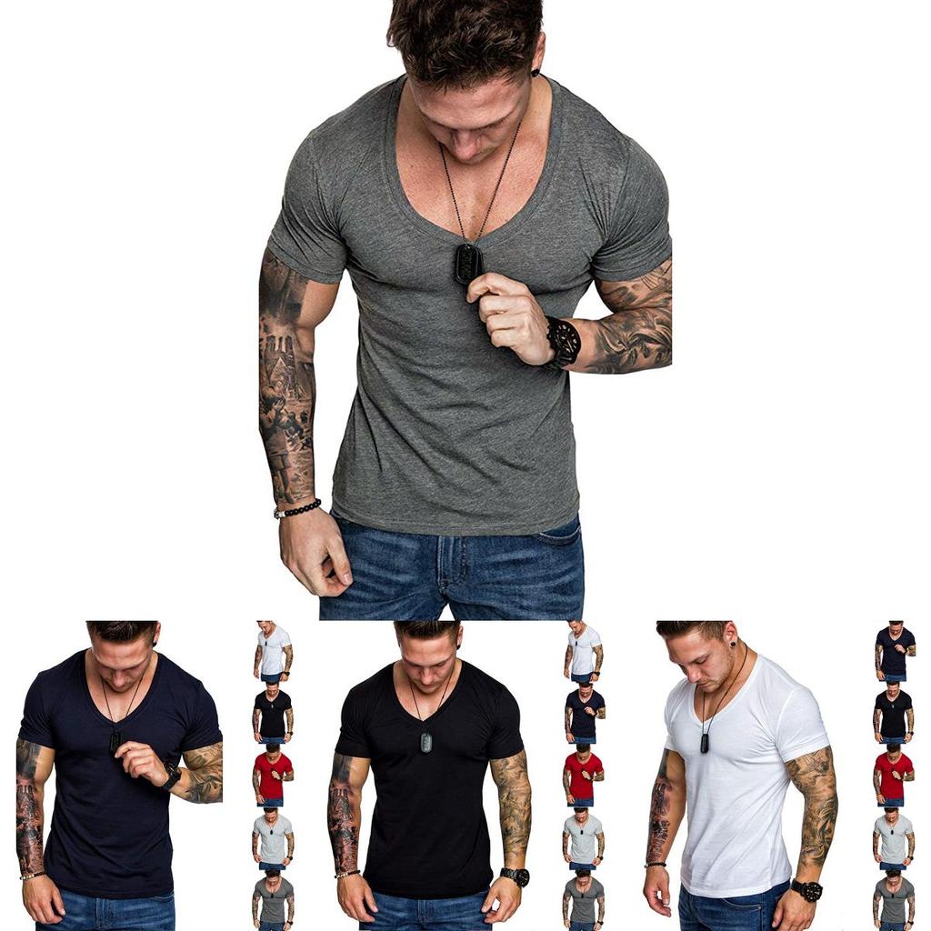 High-quality Men's Slim V Neck Short Sleeve Muscle Tee T-shirt For Casual Wear