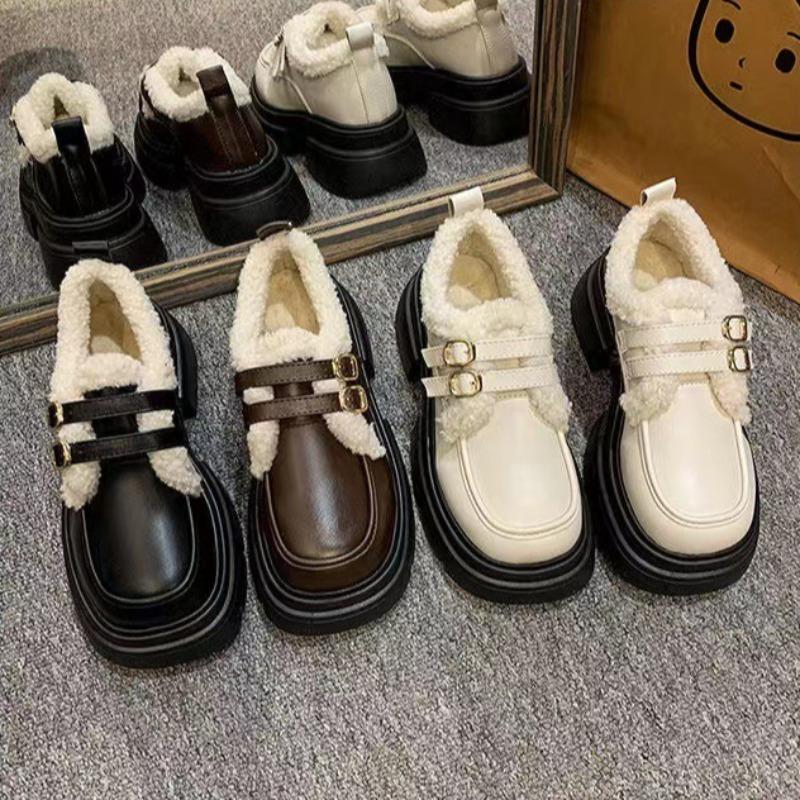 Winter Women's Mary Jane Shoes Chunky Sole Thick Fleece-lined Loafers Vintage Plush Warm Cotton Women's Shoes Zapatos Para Mujer