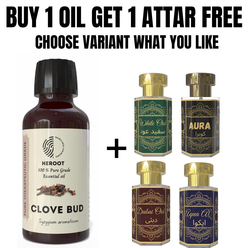 Clove Bud Essential Oil 10ml for Aromatherapy & Home Fragrance Get 1 Free 6 Ml Attar – Aqua AQ, Dubai Oud, Aura, White Oud