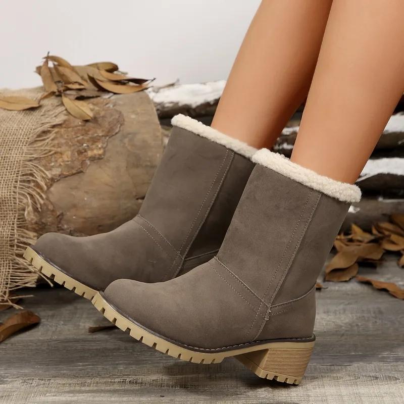 Fashion Women's Boots 2024 High Quality Women's Shoe Set Winter Round Head Solid Color Plush and Velvet Warm Thick Heel Snow Boots