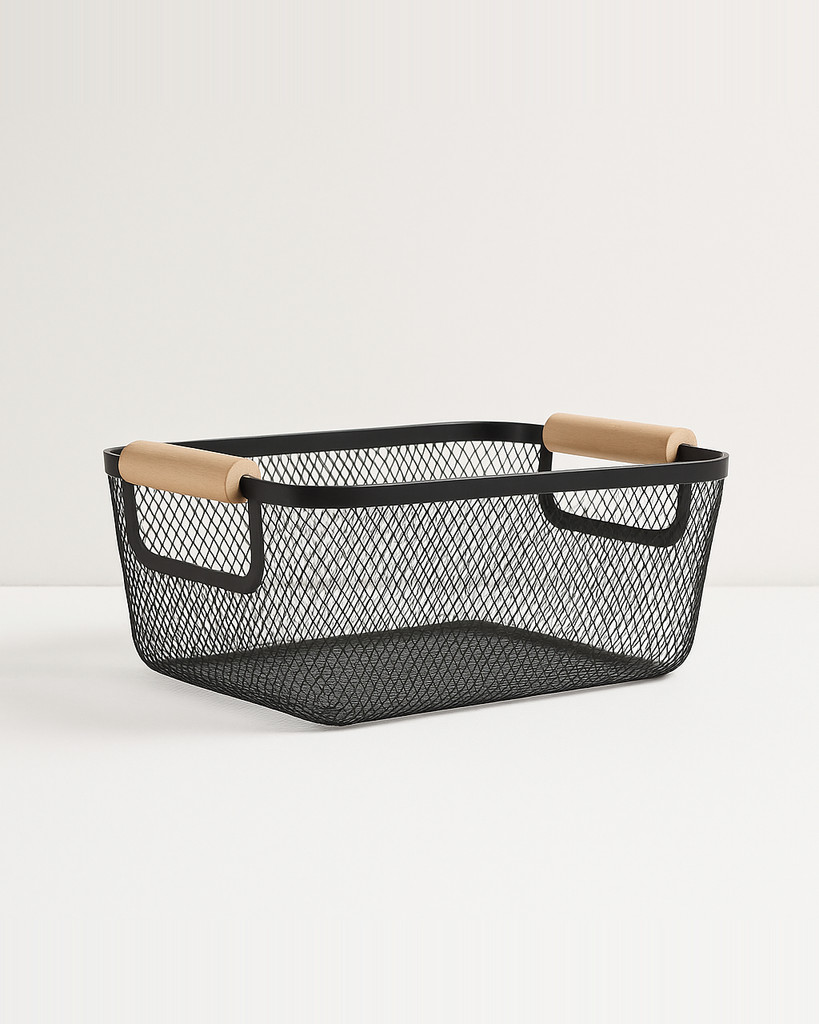 Mesh Metal Storage Basket with Wood Handle Container Multipurpose Kitchen Organizer for Bedroom Rust