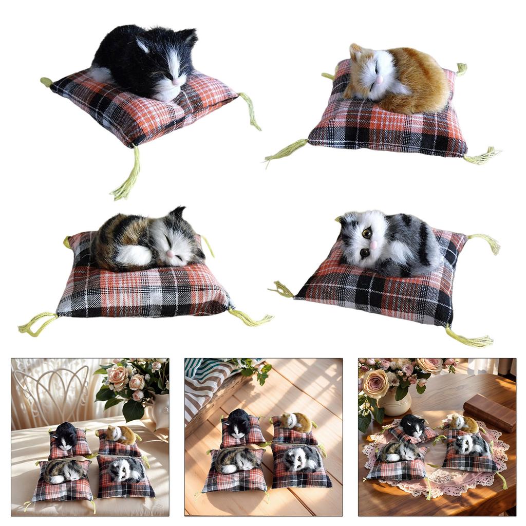 Simulation Animal Model Stuffed Sleep Cats Doll Plush Furry Kitten Ornament On Cushion Mat for Children Adult Present