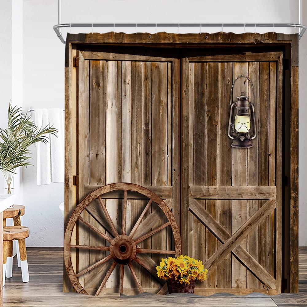 Rustic Barn Door Shower Curtains Rural Life Green Vines Wheel Wooden Plank Door Bath Decor Vintage Western Cowboy Bath Curtain