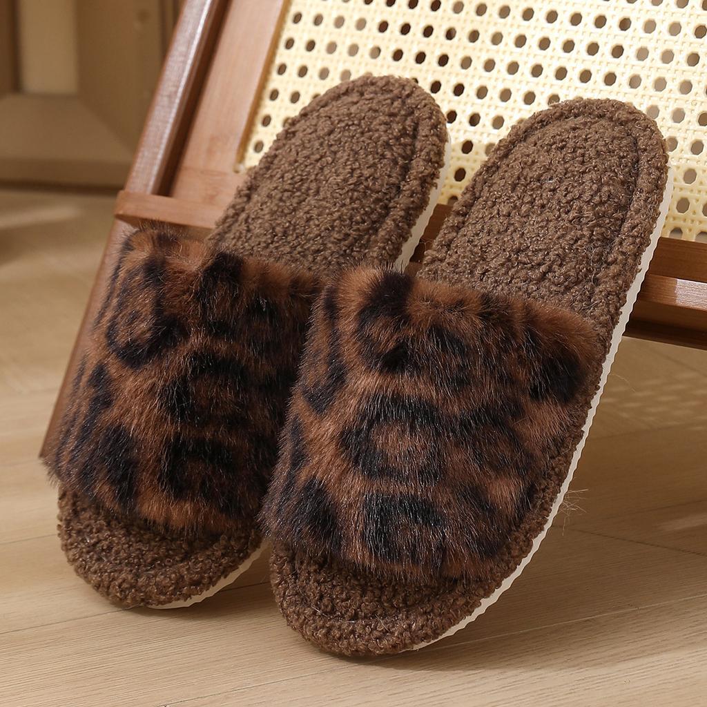 New season leopard print fluffy cotton slippers flat bottom women's fashion home fluffy slippers