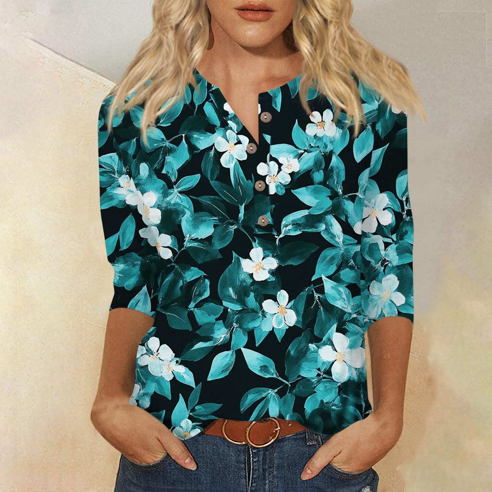 Women s Loose Casual Seven Quarter Sleeve Floral Print Round Neck Button Up Top Top L