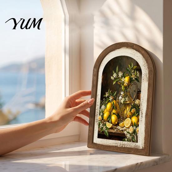 Teak Wood Wall Art Lemon Arched Decor, Pastoral Flowers Wooden Sign, Nordic Desktop Decorative Ornament Style Decoration for Home Kitchen Bedroom