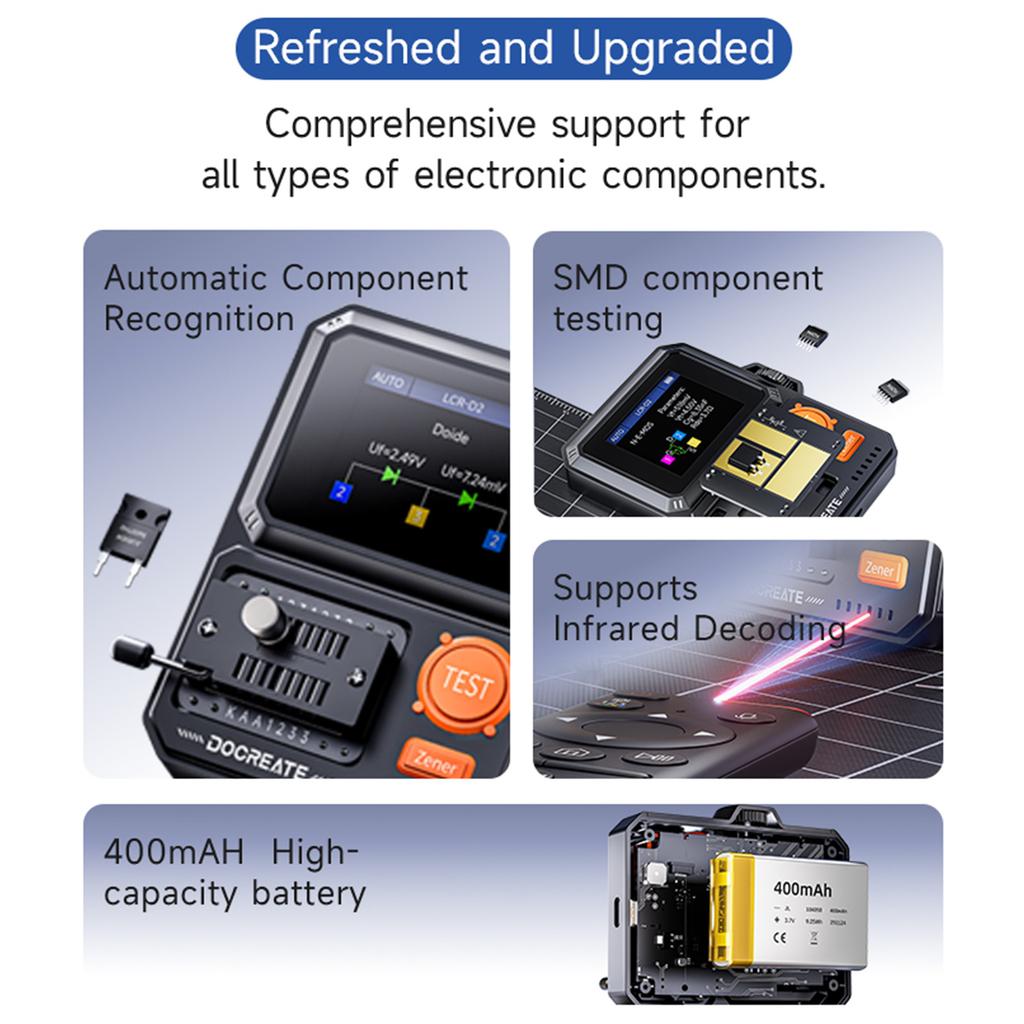 LCR-D2 High-Precision Transistor Tester with IR Decoding Intelligent Auto Recognition LCR Meter 400mAh Transistor Testing Tool