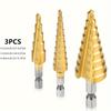 3pcs Titanium-Coated HSS Step Drill Bit Set, Multi-Size & High Precision, Durable Drilling Bit For Wood & Metal, Versatile Drilling Tool