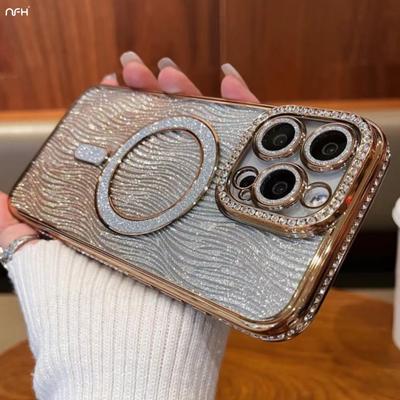 For iPhone 15 Pro Max Luxury Plating Flash Magsafe Magnetic Rhinestone Phone Case For iPhone 11 12 13 14 15 16 Plus Lens Cover