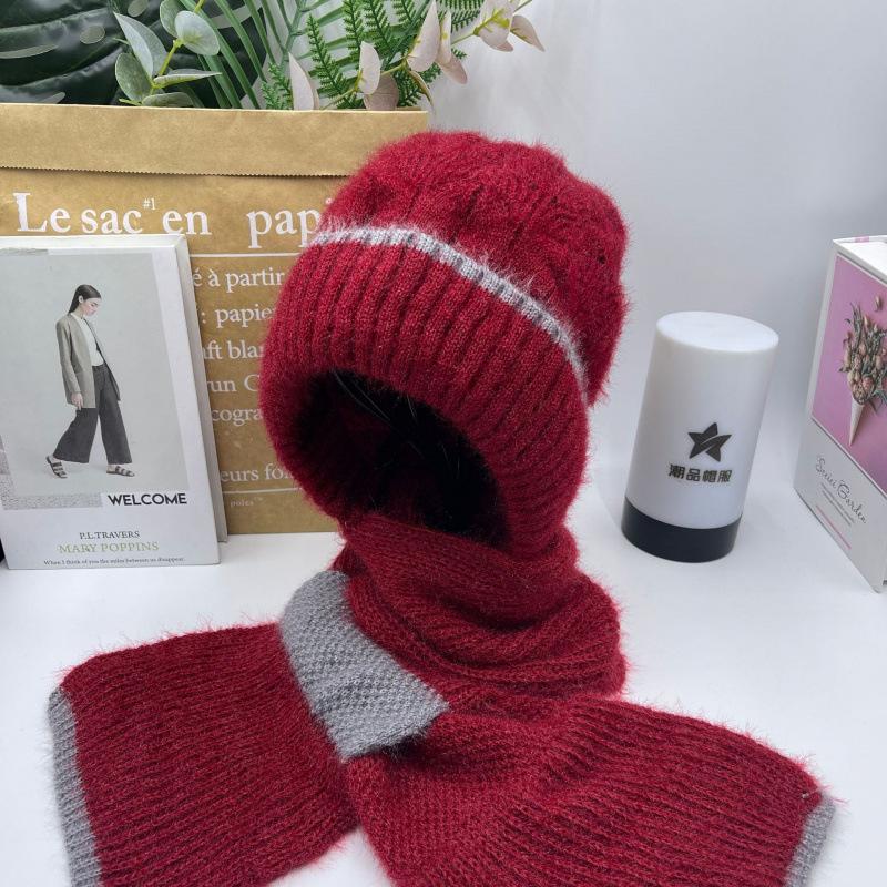 Hat female autumn and winter warm knitted wool snow hat cycling mother fashion ear protection headgear scarf integrated hat