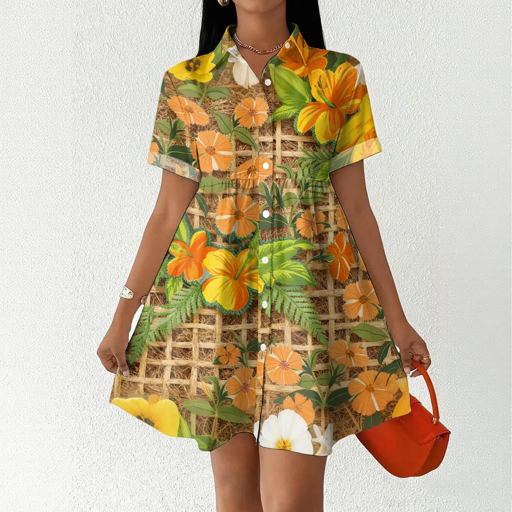 Women Casual Loose Fit Button Front Shirt Dress Hawaiian Print Short Sleeve Collared Summer Dress